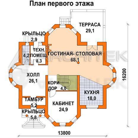 T-012-P Проект дома из газобетона с мансардой, балконом, эркером, вторым светом, террасой 14×16