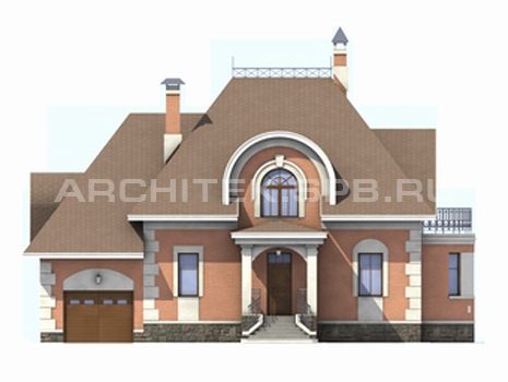 T-014-K Проект дома из кирпича с гаражом, мансардой, балконом, эркером, верандой 14.4×15.9