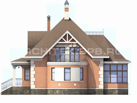 T-014-K Проект дома из кирпича с гаражом, мансардой, балконом, эркером, верандой 14.4×15.9