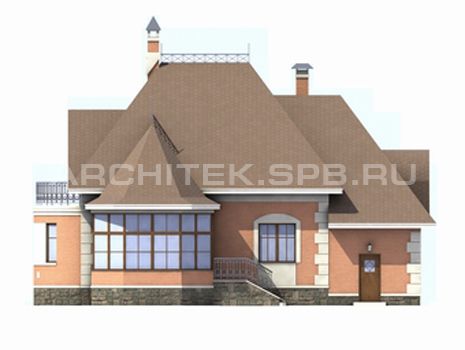 T-014-P Проект дома из пеноблоков с мансардой, гаражом, эркером, балконом, верандой 14.4×15.9