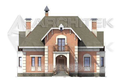 T-016-K Проект дома из кирпича с мансардным этажом, эркером, балконом, террасой
