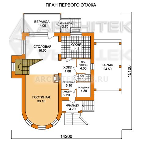 T-018-K Проект дома из кирпича с мансардой, гаражным навесом, эркером, верандой 14×15