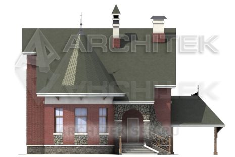 T-018-P Проект дома из пеноблоков с мансардой, эркером, гаражным навесом, верандой 14×15