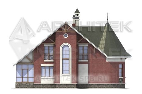 T-018-P Проект дома из пеноблоков с мансардой, эркером, гаражным навесом, верандой 14×15