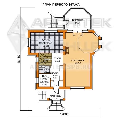 T-019-K Проект дома из кирпича с мансардой, эркером, верандой