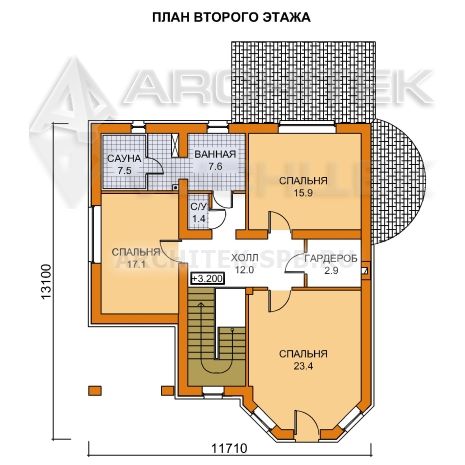 T-020-K Проект двухэтажного коттеджа из кирпича с эркером, сауной, террасой
