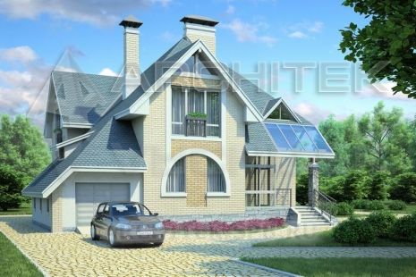 T-022-P Проект дома из газобетона с мансардой, гаражом, балконом, сауной, верандой