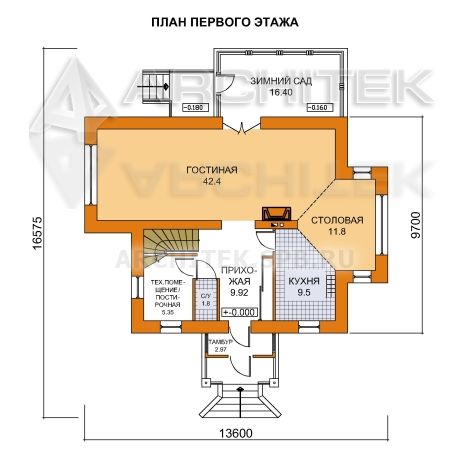 T-025-K Проект дома из кирпича с мансардой, балконом, верандой 13.6×16.6