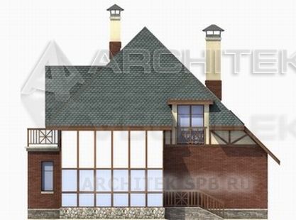 T-025-K Проект дома из кирпича с мансардой, балконом, верандой 13.6×16.6