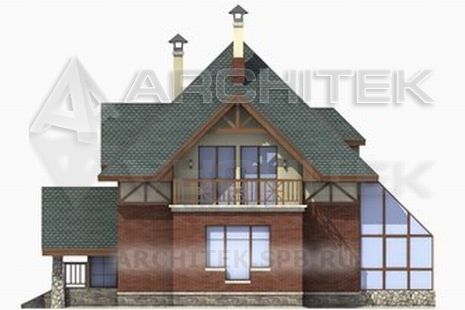 T-025-K Проект дома из кирпича с мансардой, балконом, верандой 13.6×16.6