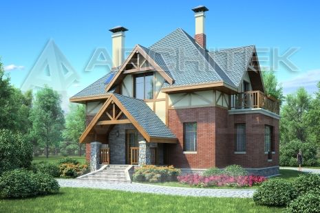 T-025-P Проект дома из газобетона с мансардой, балконом, верандой, эркером 13.3×16.6