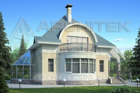 T-026-K Проект дома из кирпича с мансардой, эркером, балконом, верандой, террасой 11.1×14.4