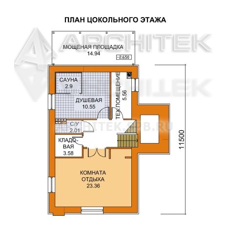 T-030-P Проект дома из пеноблоков с цокольным этажом, гаражом, мансардой, сауной, балконом 9.4×14.1