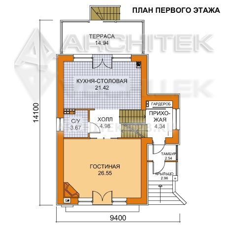 T-030-P Проект дома из пеноблоков с цокольным этажом, гаражом, мансардой, сауной, балконом 9.4×14.1