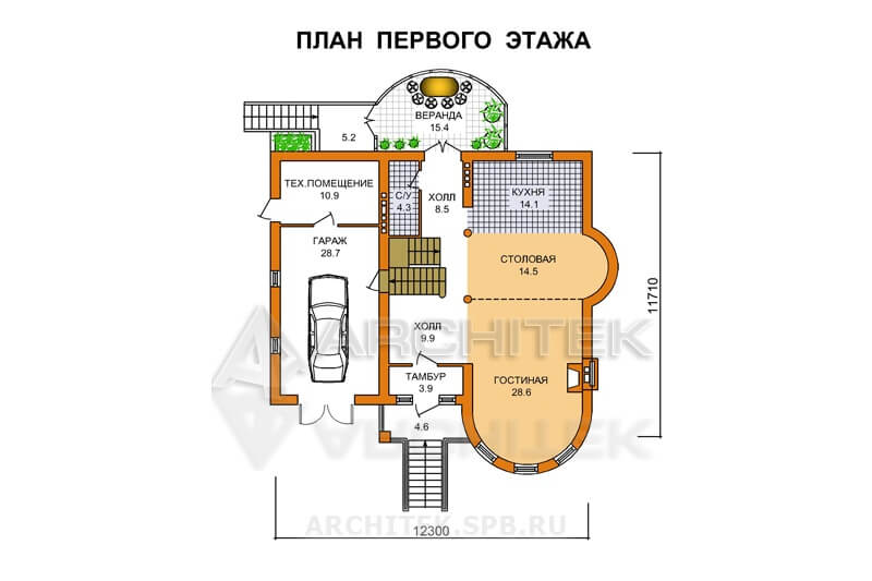 T-038-K Проект дома из кирпича с цоколем, мансардой, гаражом, эркером, вторым светом, балконом 11.7×12.3