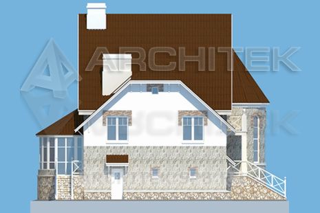 T-038-K Проект дома из кирпича с цоколем, мансардой, гаражом, эркером, вторым светом, балконом 11.7×12.3