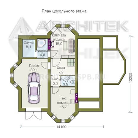 T-041-K Проект дома из кирпича с цокольным этажом, гаражом, эркером, сауной