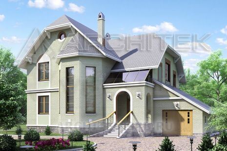 T-043-K Проект дома из кирпича с мансардой, гаражом, верандой