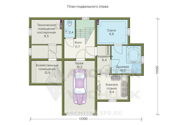 T-044-D Проект деревянного дома из бревна с цокольным этажом, гаражом, мансардой, эркером, балконом, террасой