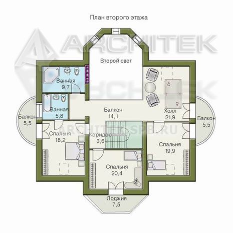T-050-K Проект дома из кирпича с мансардой, эркером, балконом, террасой, вторым светом