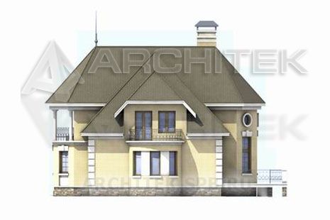 T-050-K Проект дома из кирпича с мансардой, эркером, балконом, террасой, вторым светом