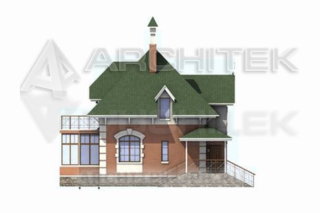 T-051-K Проект дома из кирпича с мансардой, эркером, балконом, верандой 9×12