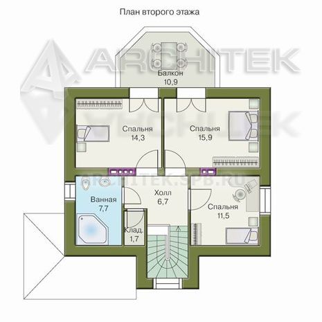 T-051-P Проект дома из газобетона с мансардой, эркером, балконом, верандой 9×12