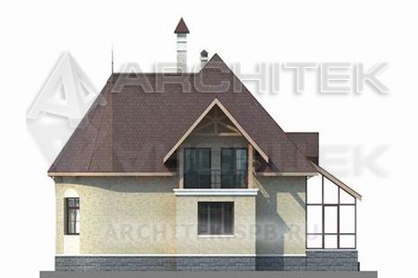 T-054-P Проект дома из газобетона с эркером, мансардой, балконом, верандой 11×13