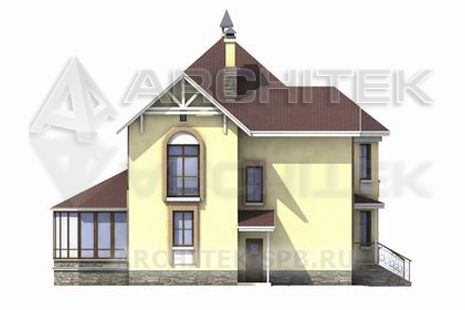 T-056-K Проект двухэтажного дома из кирпича с эркером, балконом, верандой 12.3×13.6