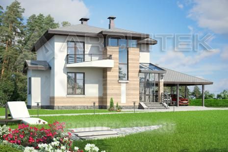 T-062-P Проект современного дома из газобетона с гаражом-навесом, террасой, балконом