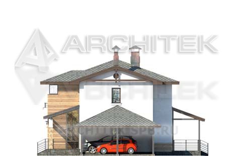 T-062-P Проект современного дома из газобетона с гаражом-навесом, террасой, балконом