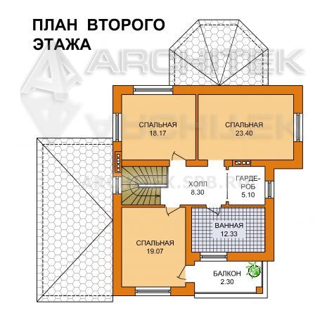 T-063-P Проект двухэтажного дома из пеноблоков с гаражом, балконом, верандой 14.7×15.6