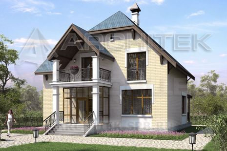 T-065-K Проект дома из кирпича с мансардой, балконом, верандой 10.8×13.8