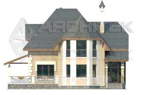 T-067-K Проект дома из кирпича с эркером, мансардой, террасой 9.3×12