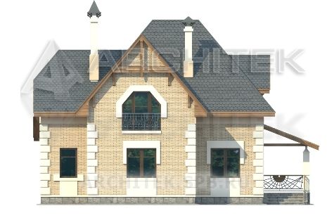 T-067-K Проект дома из кирпича с эркером, мансардой, террасой 9.3×12
