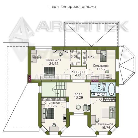 T-069-K Проект двухэтажного дома из кирпича с гаражом, эркером, верандой 14.1×15.3