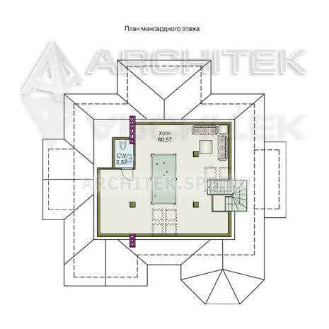 T-070-P Проект дома из газобетона с мансардой, эркером, вторым светом, сауной, террасой 14х15