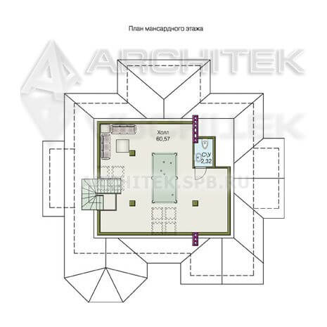 T-071-K Проект дома из кирпича с мансардой, эркером, сауной, вторым светом, террасой, балконом 14х15
