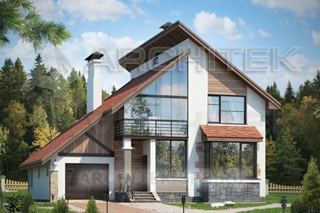 T-076-P Проект дома из газобетона с мансардой, гаражом, балконом, террасой 12.9х14.4