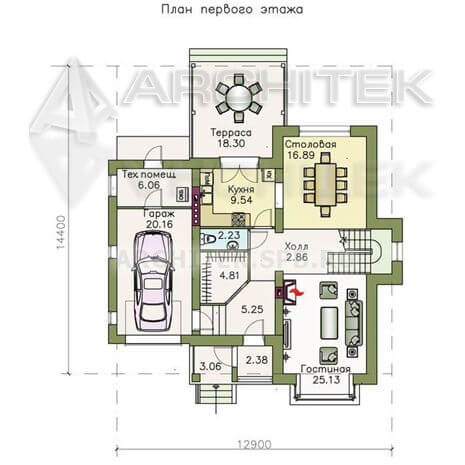 T-076-P Проект дома из газобетона с мансардой, гаражом, балконом, террасой 12.9х14.4