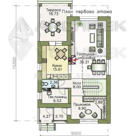 T-078-P Проект дома из газобетона с балконом, вторым светом, террасой 9х15.3