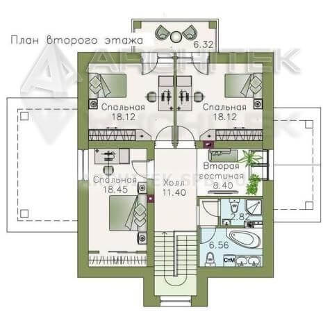 T-080-K Проект дома из кирпича с мансардой, балконом, террасой 13.5х14.7