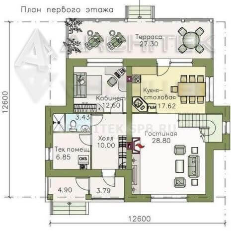 T-081-P Проект дома из газобетона с мансардой и террасой 12.6×12.6