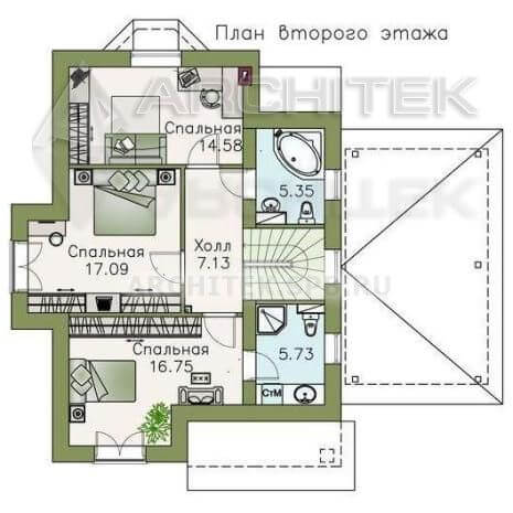 T-083-K Проект дома эконом класса из кирпича с мансардой, эркером, гаражом-навесом 8.7×11.1