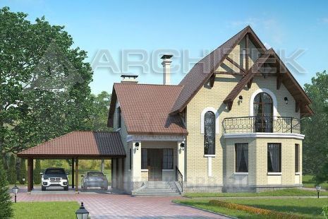 T-084-K Проект дома из кирпича с эркером, балконом, мансардой, гаражом-навесом, террасой
