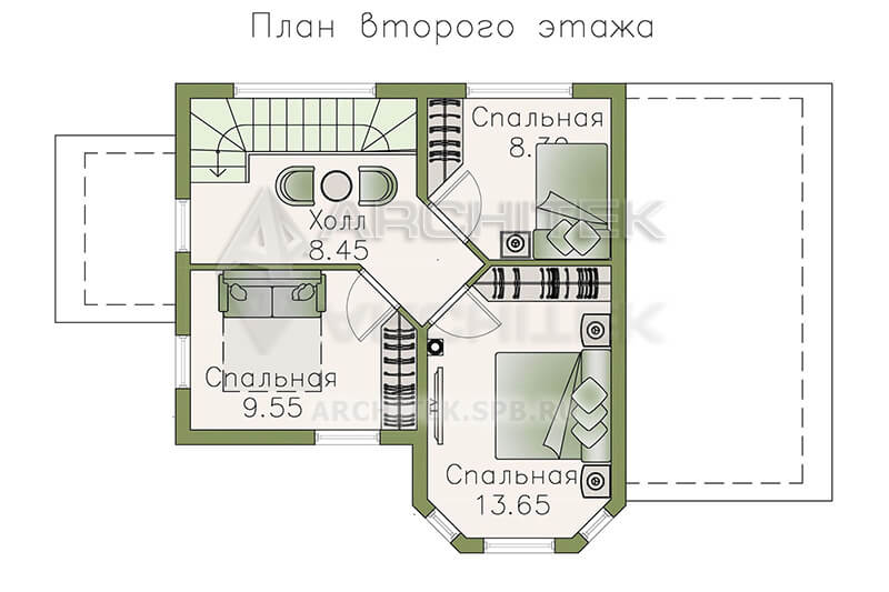 T-087-F Проект дачного двухэтажного каркасного дома с эркером 7.45×11.9