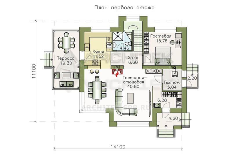 T-091-P Проект дома из газобетона с мансардой, эркером, террасой 11×14