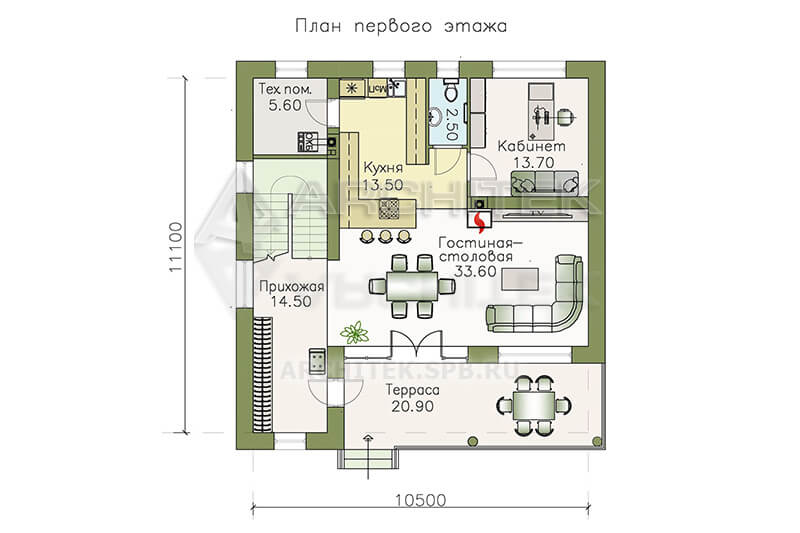 T-092-P Проект современного дома из газобетона с эксплуатируемой кровлей, террасой, балконом 10.5×11.1