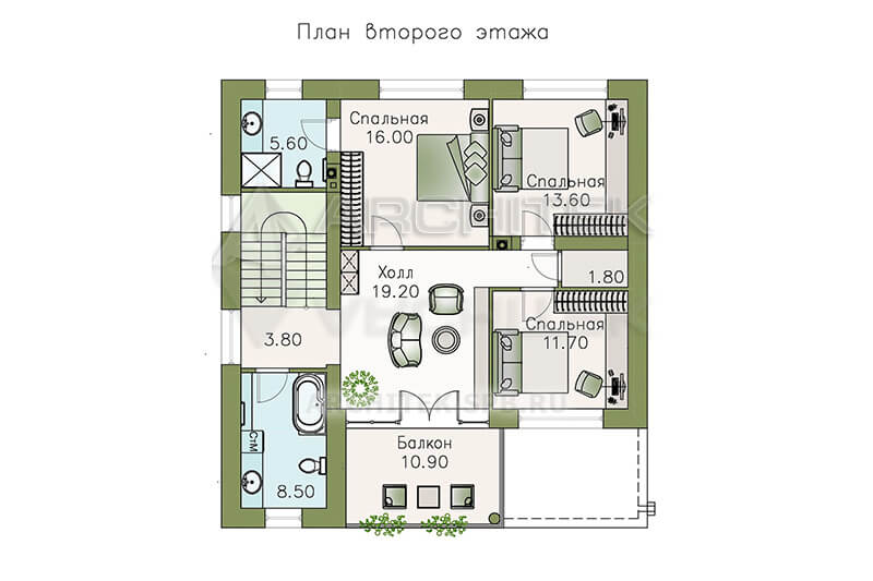T-092-P Проект современного дома из газобетона с эксплуатируемой кровлей, террасой, балконом 10.5×11.1