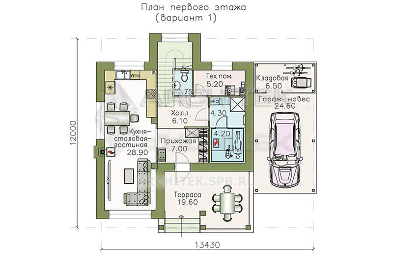 T-096-P Проект небольшого двухэтажного дома с гаражом-навесом и террасой 12×13.4